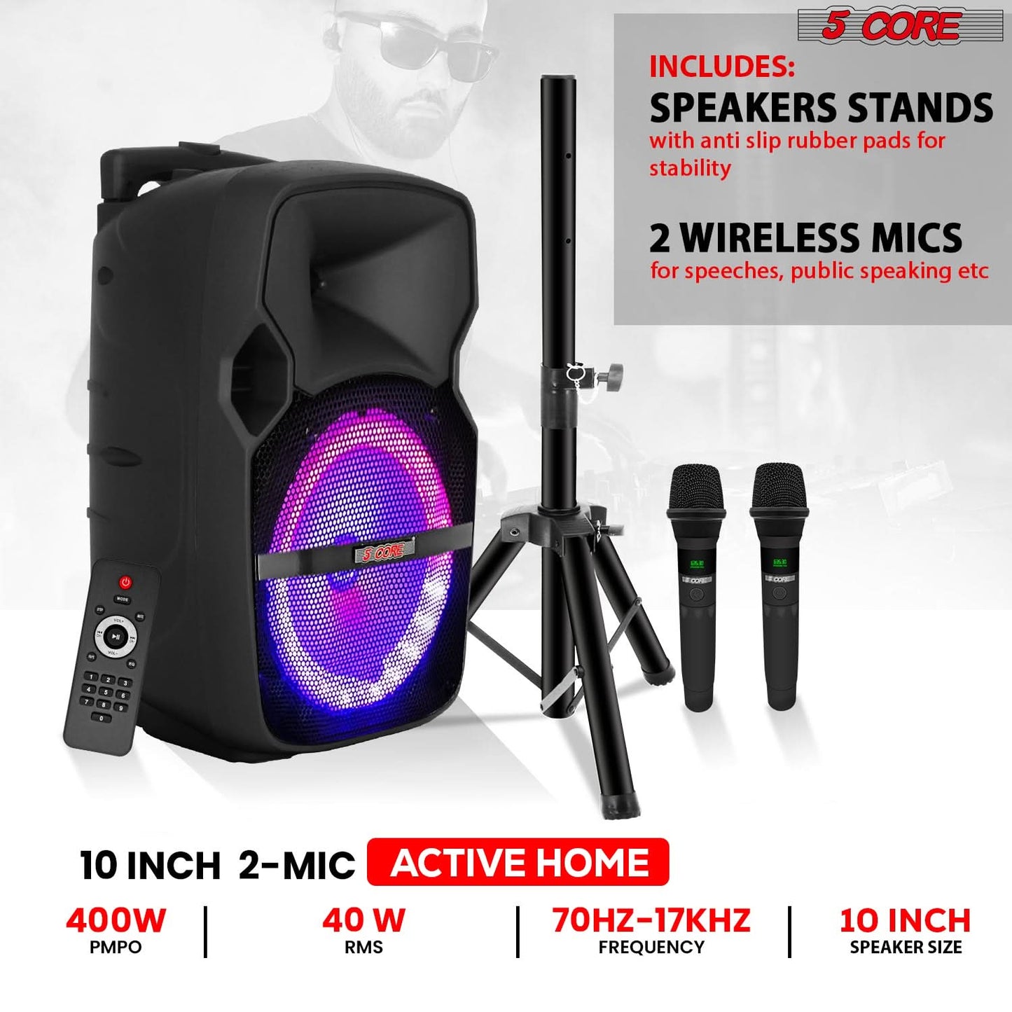 5Core 10 inch PA Portable Bluetooth Party Speaker Karaoke Boombox + 2 Wireless Mics 2 PCS