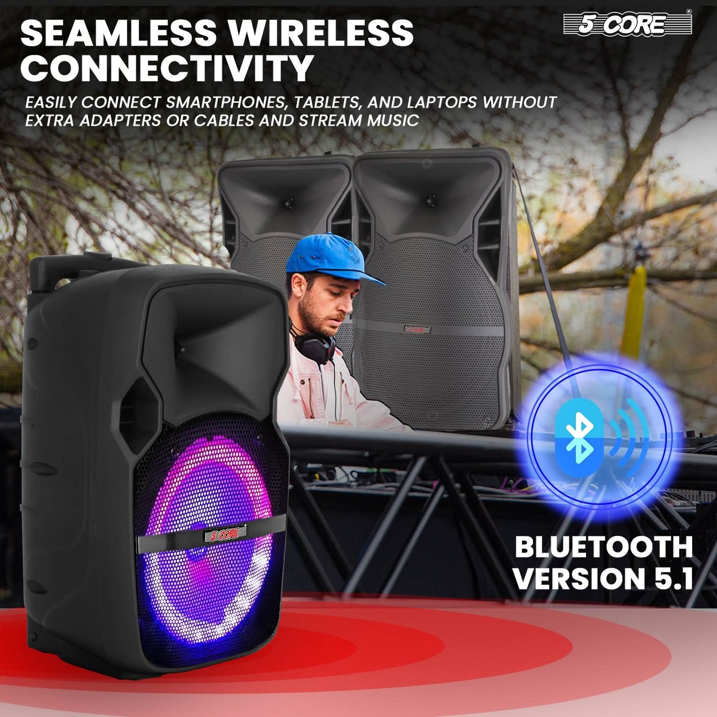 5Core 10 inch PA Portable Bluetooth Party Speaker Karaoke Boombox + 2 Wireless Mics 2 PCS