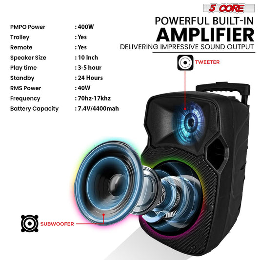 5Core 10 inch PA Portable Bluetooth Party Speaker Karaoke Boombox + 2 Wireless Mics 2 PCS